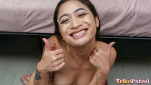 Young bi Asian wearing a hot load of cum on her face