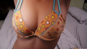 Showing bra and plump titties before Asian pussy creampie