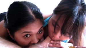 Two sluts eating cock and chewing on balls wanting hot cum